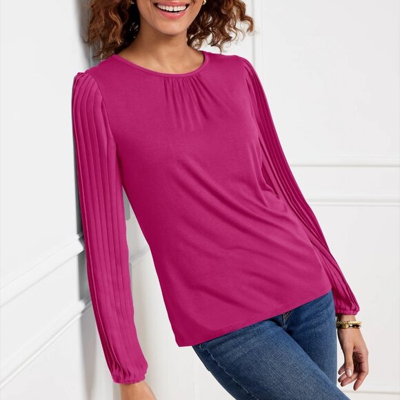 Talbots Tops - NEW Talbots Pleated Sleeve Crewneck Top Magenta Pink Sz L